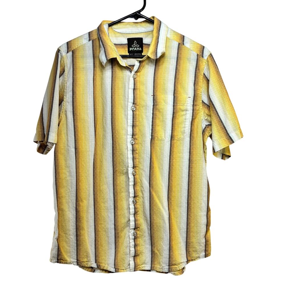 Prana Men's Shirt Medium Short Sleeve Button Front Yellow Stripes Organic Cotton